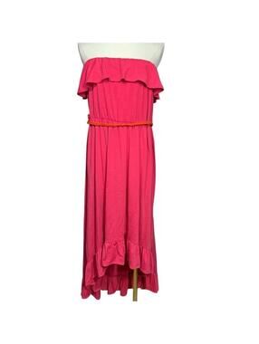 She's Cool Strapless High Low Maxi Dress Womens 1X Pink Ruffle Braided Belt